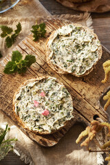 Nettle butter on slices of bun in spring