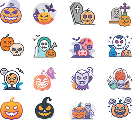 Colorful Halloween Icons Pack. Cute Spooky Pumpkins, Skulls, Ghosts & Vampires