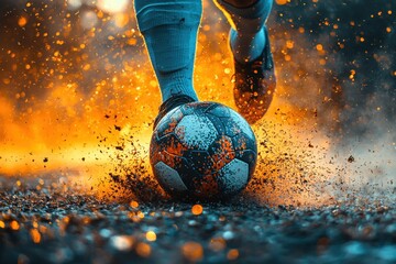 Close-up of a soccer kick on a muddy wet playing field