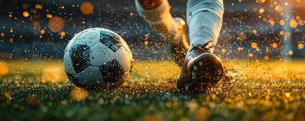 Football action as a close-up player kicks the ball with intense motion