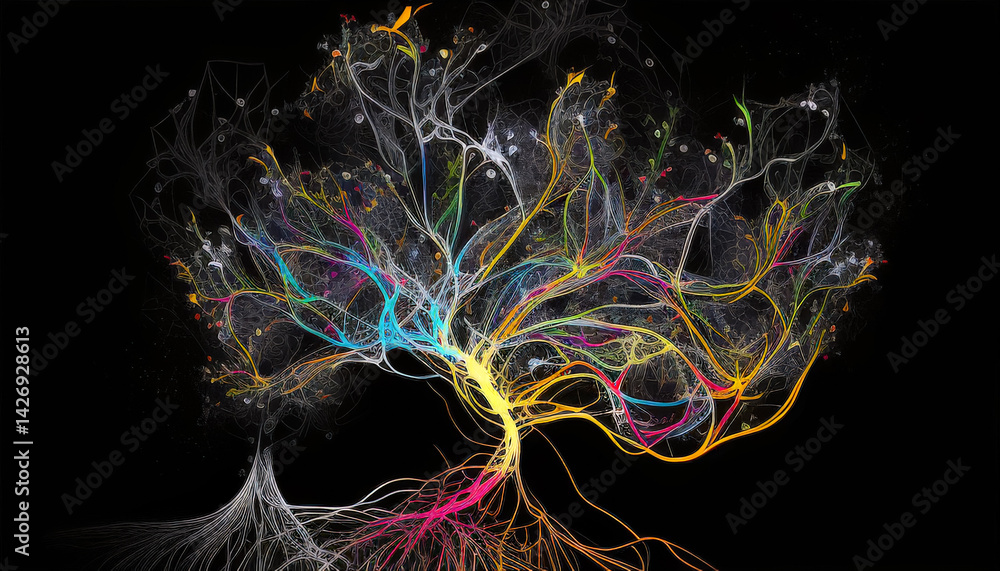 Leinwandbilder Colorful abstract representation of a tree showcasing vibrant branches and roots in a dark background