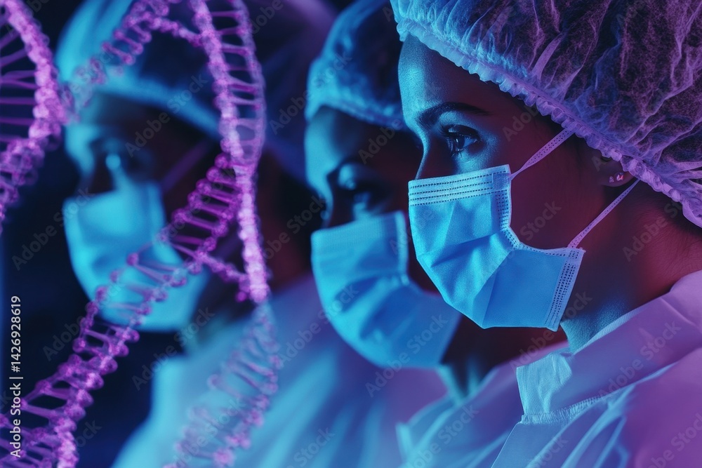 Aufkleber surgeons analyze data while focused on dna strand visualization in a modern healthcare setting, data