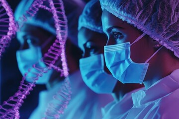 Surgeons analyze data while focused on DNA strand visualization in a modern healthcare setting, data processing and dna strand over diverse surgeons wearing face masks