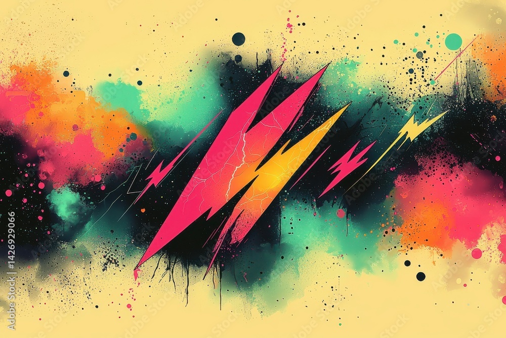 Aufkleber abstract expressionism artwork with dynamic lightning bolts and vibrant splashes
