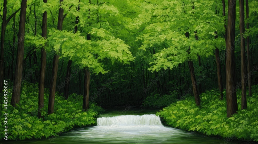 Poster stream clouds basin concept. lush green forest with a tranquil stream flowing through the serene lan
