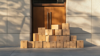 Delivery boxes stacked neatly at the entrance of a modern building in the afternoon sunlight