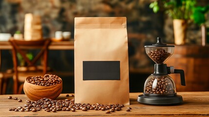 coffee beans on the wooden box.