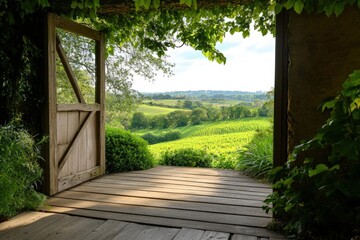 rustic wooden door opening onto a bright green landscape