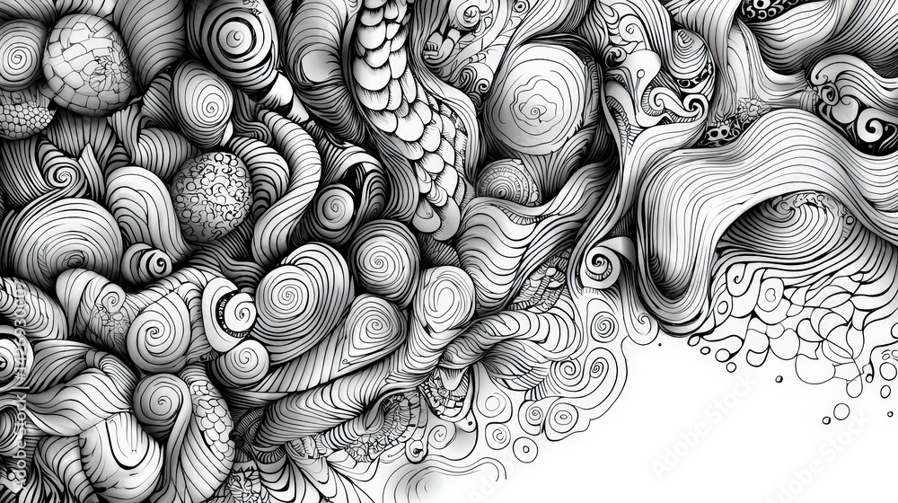 Poster A visually captivating display of intricate black and white patterns interwoven with swirling shapes, creating an abstract artistic expression. The design features a variety of textures and forms