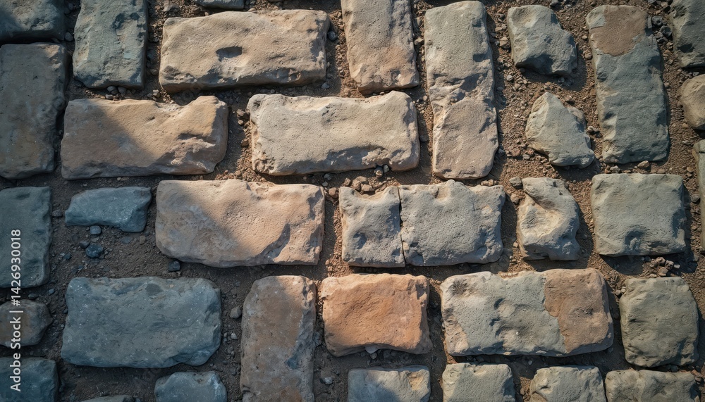 Poster top-down view of weathered cobblestone pavement, showing rustic pattern. stones mix earthy tones, hi