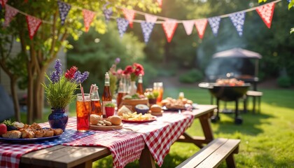 4th of July backyard barbecue celebration scene. Decorated picnic table with food drinks flags. BBQ grill in green garden. Holiday party with friends. Patriotic vibes. Summer outdoor fun.