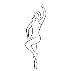 Silhouette of a nice lady, she is standing. The girl has a beautiful naked figure. The woman is a young sexy and slender model. Vector illustration.