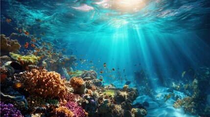 Obraz premium Underwater coral reef ecosystem showcasing vibrant marine life and sunlight filtering through water surface promoting biodiversity awareness concept