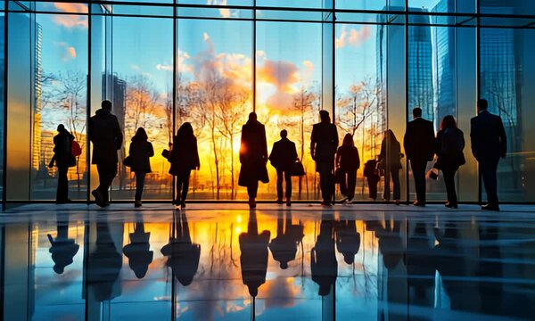 Silhouetted people walking in modern building with sunset shining through the windows