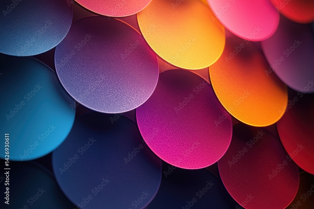 Poster vibrant multicolored circles with textured surfaces arranged in an overlapping pattern