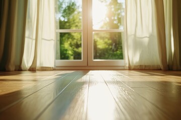Obraz premium Bright interior with wooden floor window and curtains sunlit room for home design and architecture