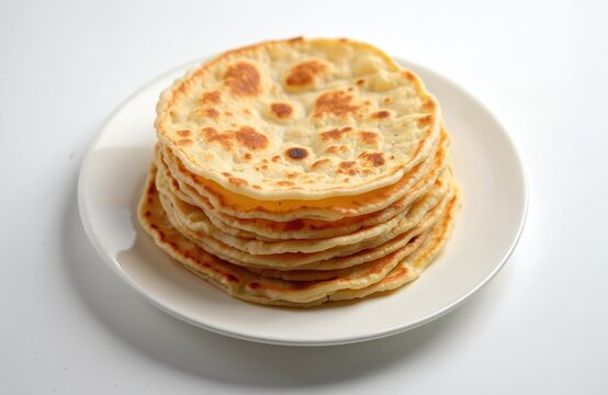 Stack of fresh Indian Parotta flatbreads arranged white plate. Kerala cuisine, layered bread made with maida flour served at South Indian restaurant, cafe. Traditional tasty breakfast or lunch.