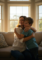 Obraz premium Mother hugging her son in a cozy environment