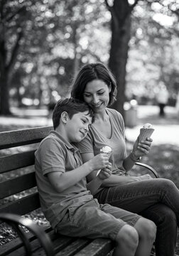 M&atilde;e e filho sorrindo enquanto compartilham sorvete no banco do parque