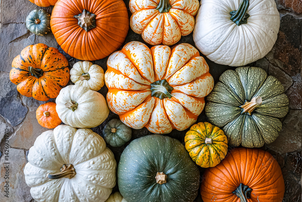 Poster A varied assortment of colorful pumpkins showcases their unique shapes and patterns against a rustic stone background in fall