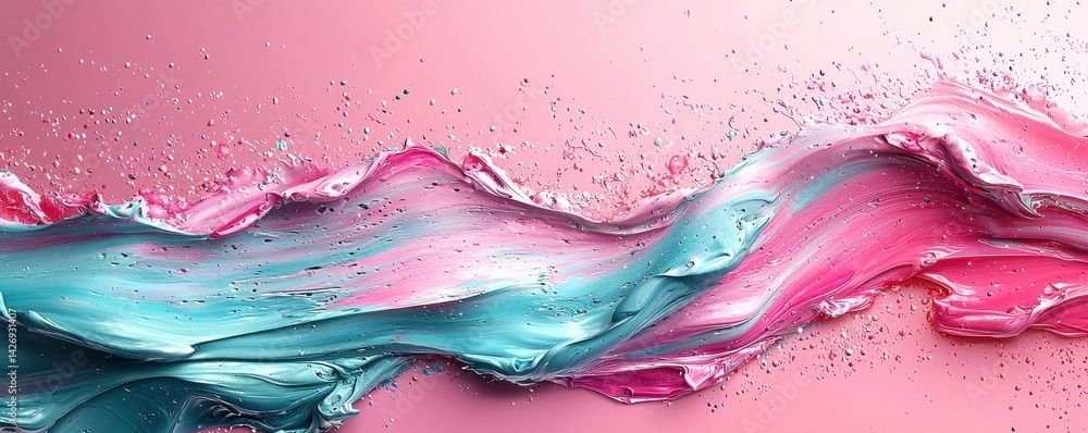 Poster dynamic pink and turquoise abstract paint flow with splashes and texture