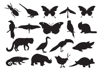 This vector set features black silhouettes of various wildlife animals, including bird, fish, and wild animals, offering a nature illustration collection