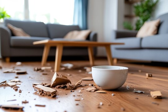 Broken bowl pieces scattered on wood floor in living room home incident interior accident