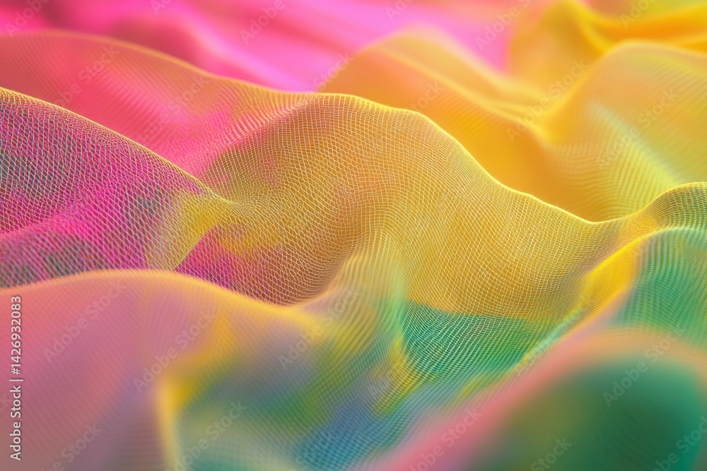 Poster glowing yellow mesh moves fluidly over vibrant green and pink fabric in a mesmerizing display, glowi