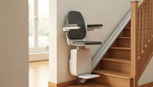 Residential stair lift provides accessibility for elderly disabled. Automatic chair lift enhances mobility independence at home. Modern design suits interior decor. Safety device helps seniors,