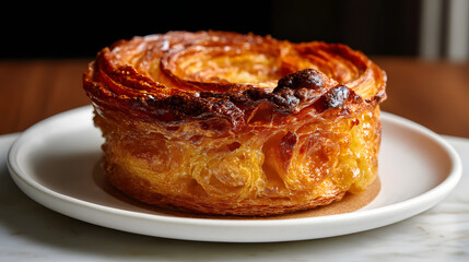 Delightful Kouign Amann Cake with Beautifully Caramelized Layers on a White Plate