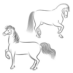 Collection. Silhouette of a beautiful strong horse. The animal runs fast. Drawing for aesthetic decor, posters, stickers, logo. Vector illustrations set