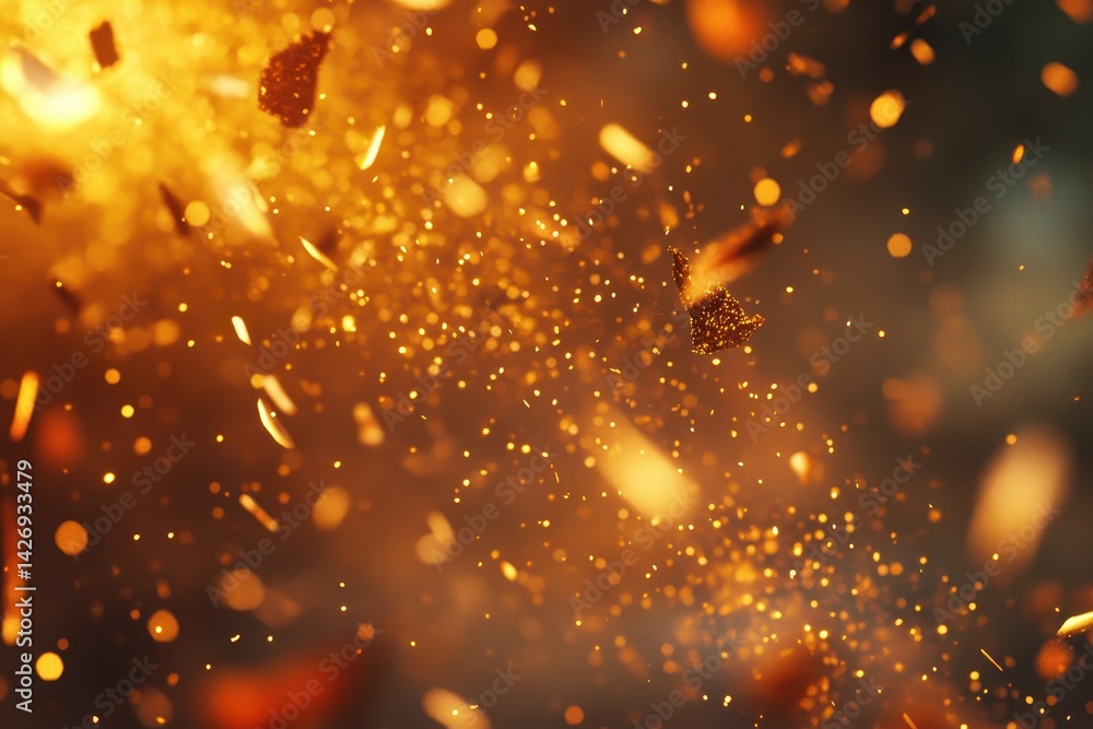 Poster particles swirling in the air create an enchanting golden atmosphere during a vibrant moment, many p