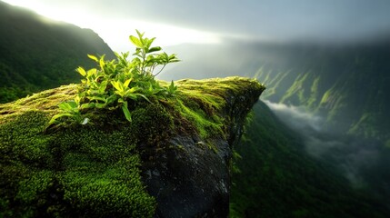 green cliff with moss and vegetation overlooking valley