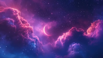 Fototapeta premium A magical night sky with a crescent moon shining amidst colorful clouds and twinkling stars