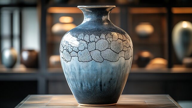 Intricate sgraffito vase displayed in an art gallery setting with high key lighting The bright lighting emphasizes the contrast between the etched patterns and the smooth surface of the vase
