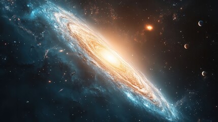 Fototapeta premium A stunning galaxy shines brightly in the dark universe, with swirling stars and colorful planets all around.