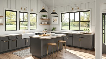 Modern farmhouse kitchen with large windows showcasing a tranquil garden view.