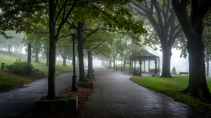 Obraz premium Misty Path Through Park In Wet Weather