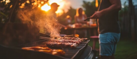 Backyard barbecue party at sunset with grilling meat skewers and happy people