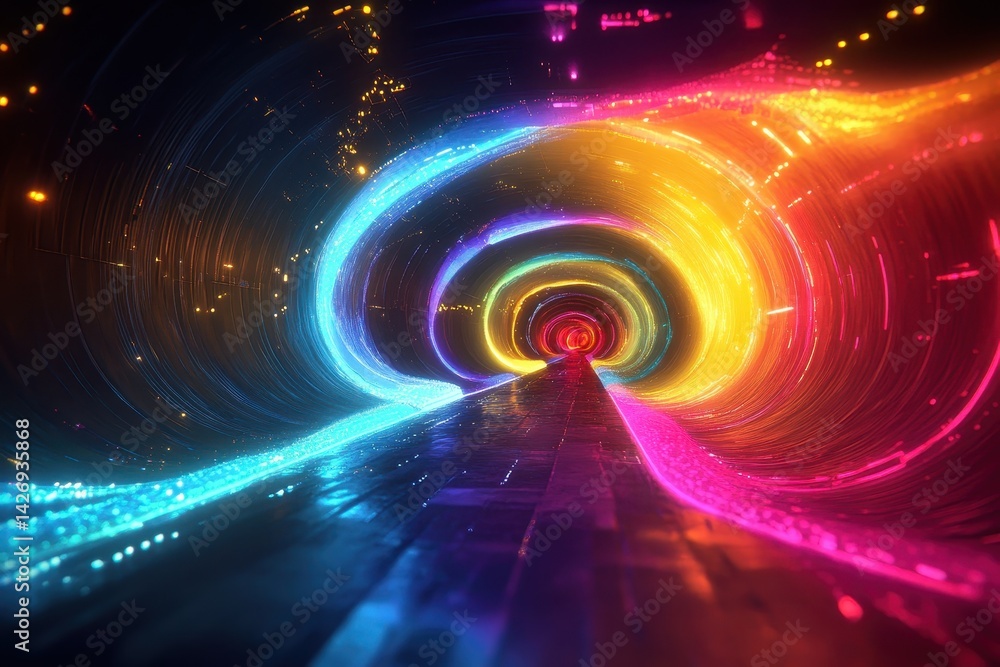 Poster explore vibrant neon digital tunnel with dynamic glowing shapes and colors, neon digital tunnel over
