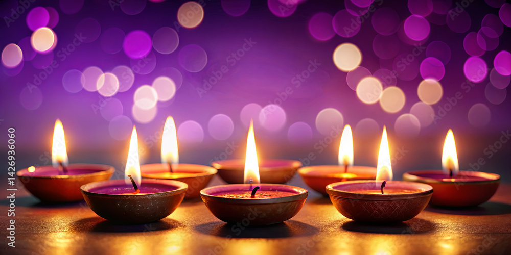 Poster multiple lit candles sit on a surface, spreading soft light against a vibrant purple background ador