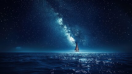 Majestic sailboat adrift under a spectacular night sky, filled with the Milky Way.  Deep blue ocean reflects the starry expanse above