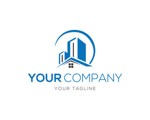 Real estate company with modern buildings and house logo design concept vector template.