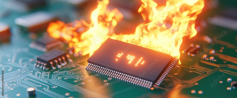 Aufkleber burning computer chip on circuit board electronics failure and technology risk