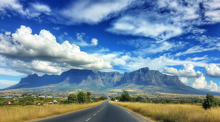 Scenic Road Leading to Majestic Mountains Under a Blue Sky with White Clouds