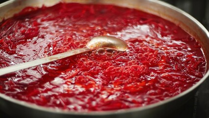 A detailed close up view of simmering beetroot soup, highlighting its rich, vibrant red color and unique texture. Media