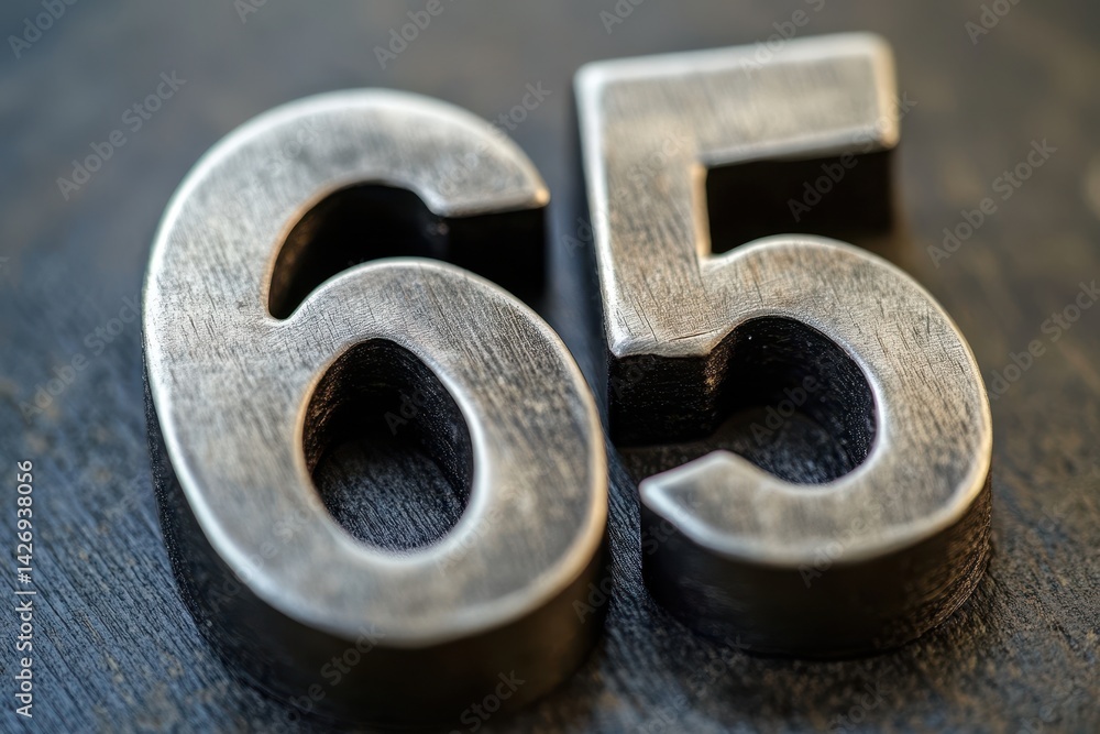 Poster metal numbers showing sixty-five percent on a dark background in a close-up view, numbers with perce
