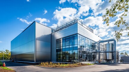 Obraz premium A gleaming stainless steel tank dominates the frame, set against a vibrant blue sky. Modern industrial architecture is captured in bright daylight