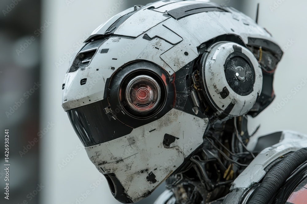 Poster closeup portrait of a futuristic robot head showcasing intricate design and advanced technology, a c