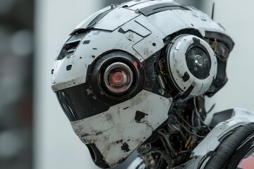 Fototapeta premium Closeup portrait of a futuristic robot head showcasing intricate design and advanced technology, A close-up portrait of the robot, the robot turns its head looking at the viewer